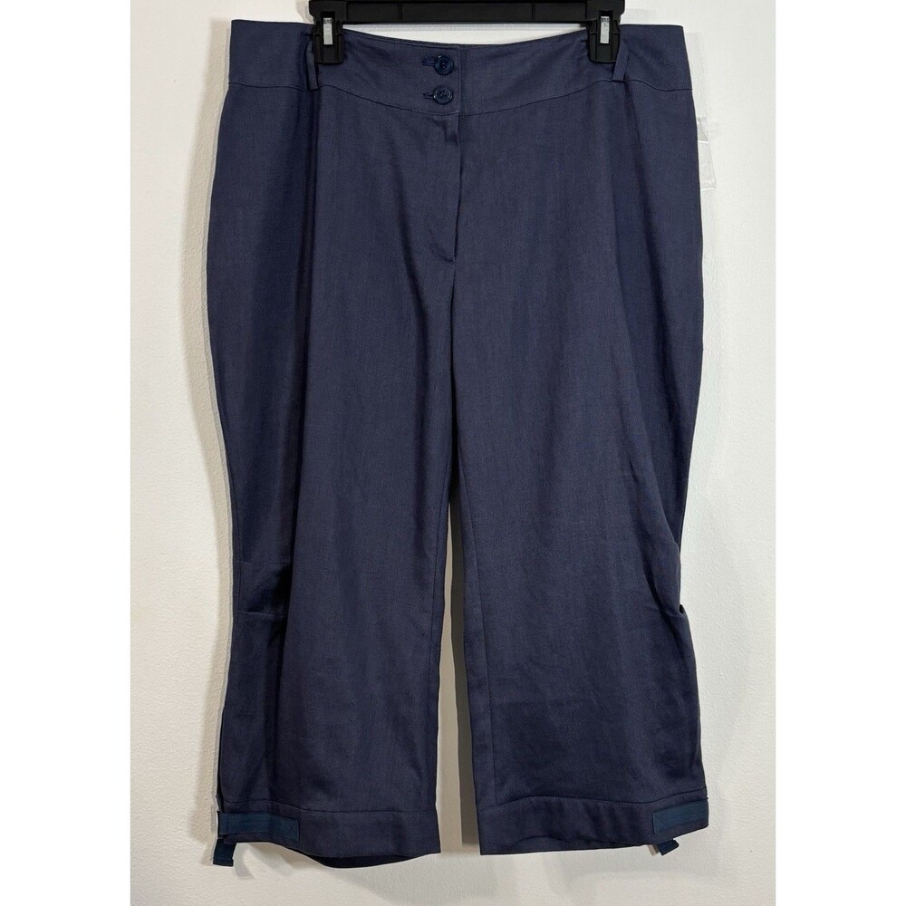Script Leslie Fay Linen Capri Pants Women’s Size 14 Blue Buckle Y2K NWT 36x20